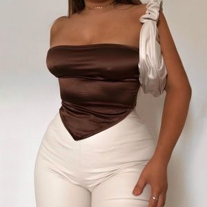 Brown Silk Strapless Crop Top